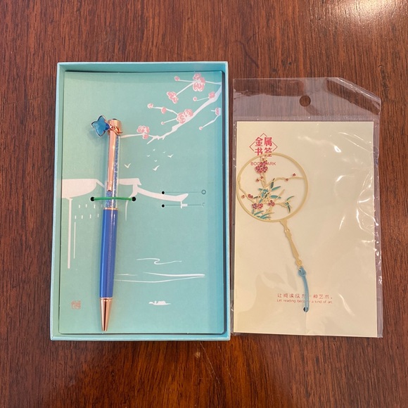 Blue Gold Ornate Delicate Chinese Bookmark Ballpoint Pen Gift Set in Gift Box - Picture 1 of 7